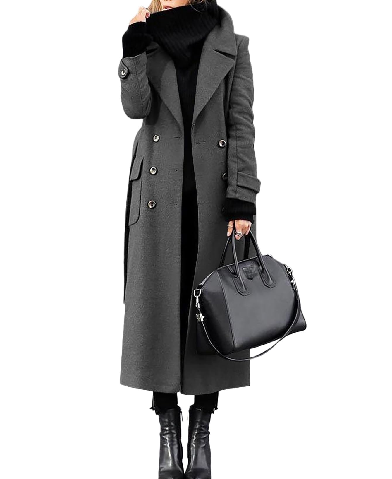 LIUYUYOUGO Women'S Wool Coat Long Winter Jacket Double Breasted Lapel Duster Trench Coat Elegant Slim Full Length Maxi Long Overcoat Peacoat Belted Warm Windproof Outwear Dark Gray L
