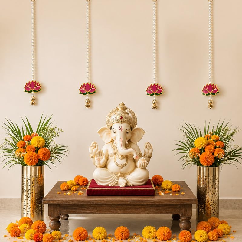 Image of SpecialYou Pearl Lotus Wall Hanging Decor for Ganpati Decoration Setup for Home, Ganpati Backdrop Decoration, Wall Decor Items for Living Room, Festival Decoration Items for Home -Pack of 4 Pcs