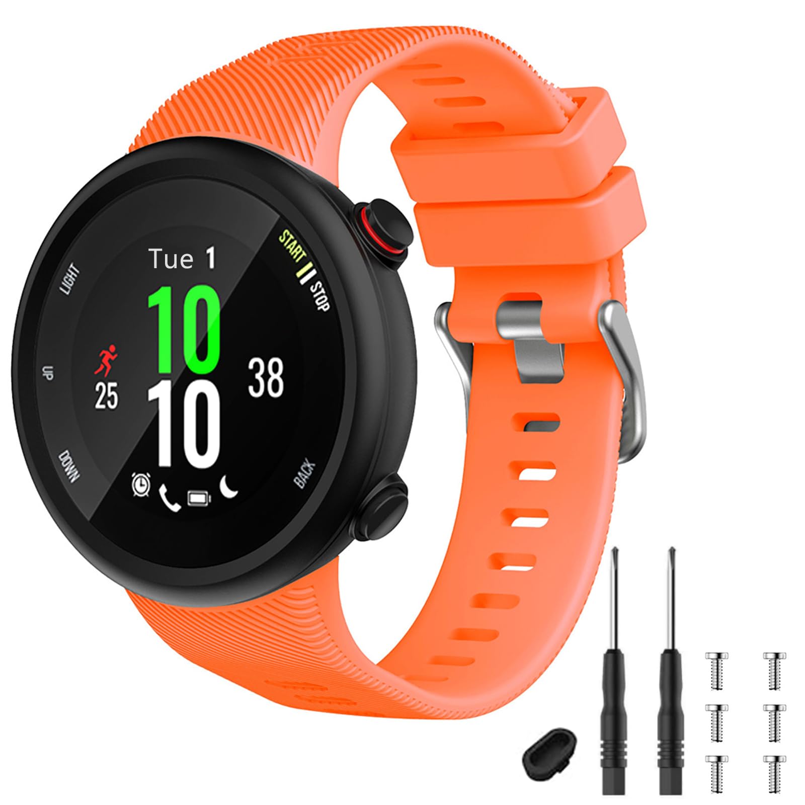 TopPerfekt Strap Compatible with Garmin Forerunner 45s, Sport Silicone Wristband Arm Band Replacement Bracelet for Forerunner 45s (Orange Silver Buckle) — image 1
