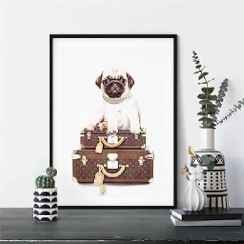 Amazon 動物のパグプリントとポスターキャンバス絵画ファッションイラストガーリー面白い犬の壁アート写真リビングルームの装飾70x100cm 28x39in フレーム付き ウォールステッカー オンライン通販