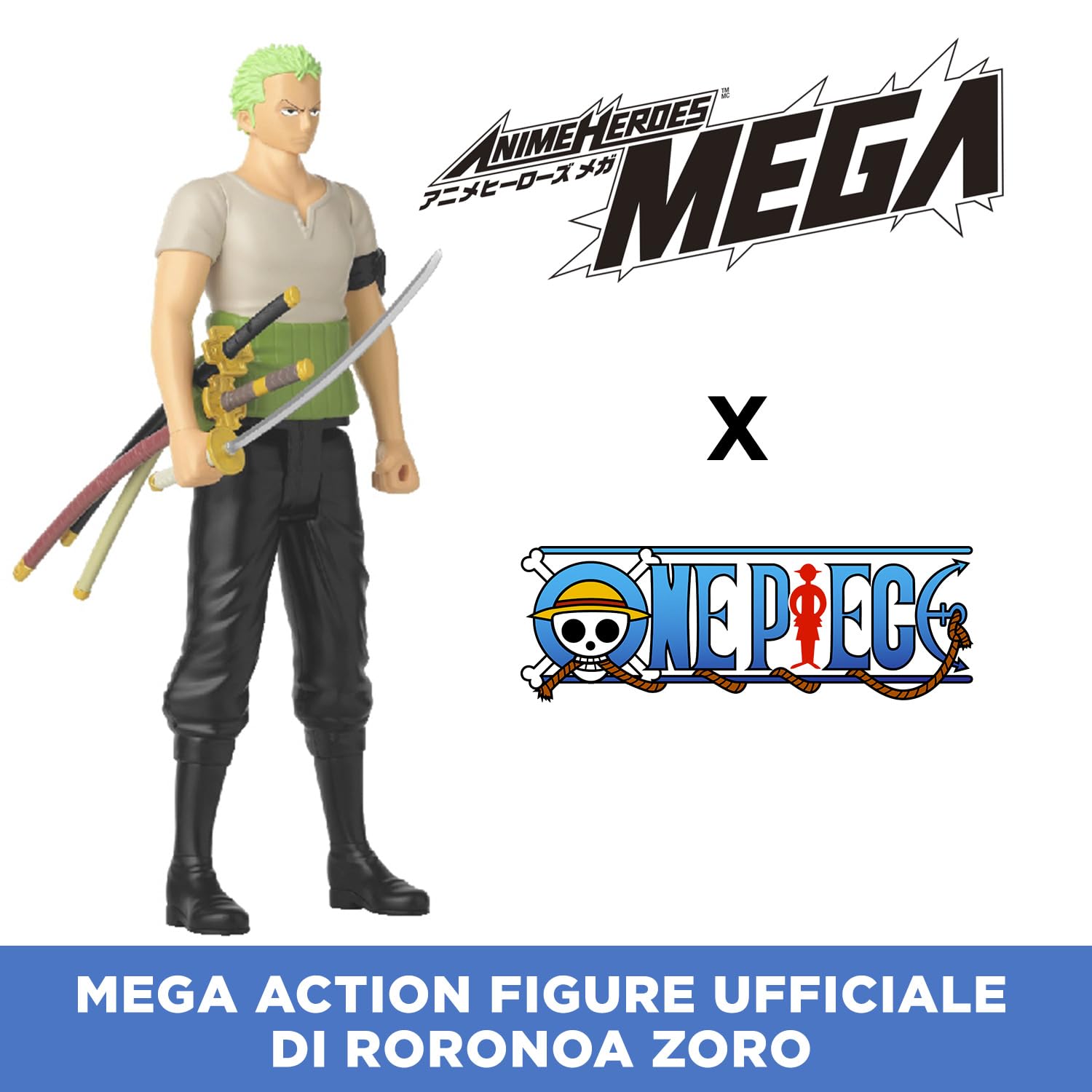 BANDAI - Anime Heroes - One Piece - Action figure Anime Heroes Mega 30 cm Zoro - Grande action figure snodata - Figura manga Zoro - Licenza ufficiale - Giocattolo per bambini dai 4 anni in su - 38332