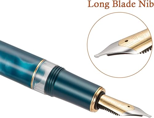 Miniatura 2 de Hongdian N7 - Pluma estilográfica azul de resina pavo real con pistón, plumín de iridio de hoja larga y punta fina de diseño clásico, pluma de