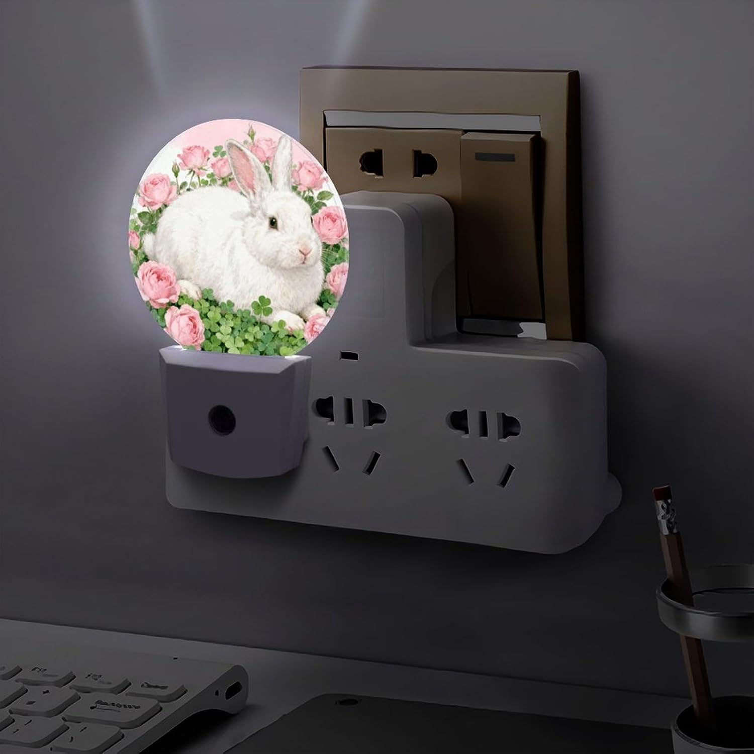 Rabbit in Pink Roses Plug-in LED Nightlight Wall Night Light image 5