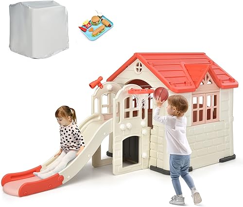 Costzon Juego de casa de juegos y tobogán para niños, casa de juegos 7 en 1 al aire libre con puertas y ventanas de trabajo, mesa de picnic, juego