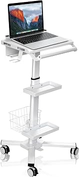 Anti-Theft Mobile Laptop Workstation, Height Adjustable Rolling Cart with Wheels (31.5 - 47.25), Gas Lift Trolley with Oral Scanner Bracket, Dual Trays and Lab, for Dental Office, Clinic, Lab