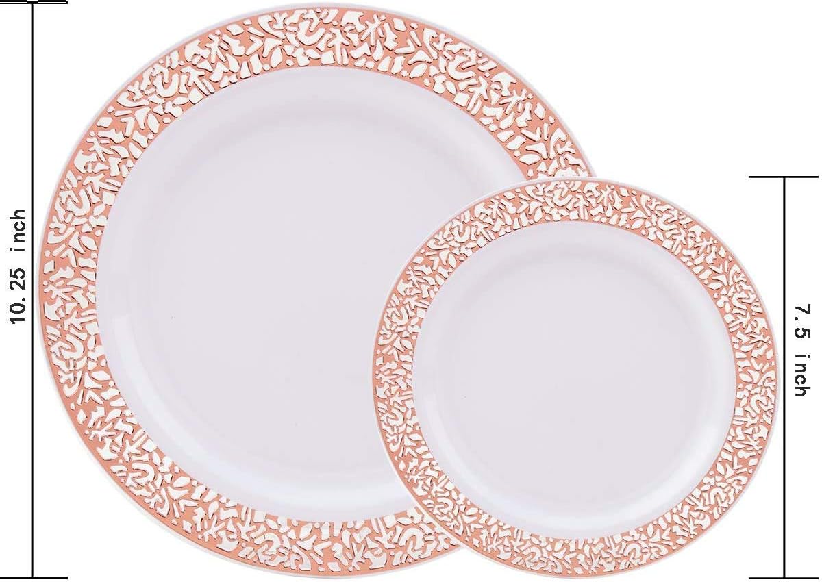 Uр Tо 50% оƒƒ 350 Pieces Rose Gold Plastic Dinnerware, Disposable Rose Gold Lace Plates, Include:50 Dinner Plates, 50 Dessert Plates, 50 Per Rolled Napkins with Rose Gold Silverware and 50 Cups