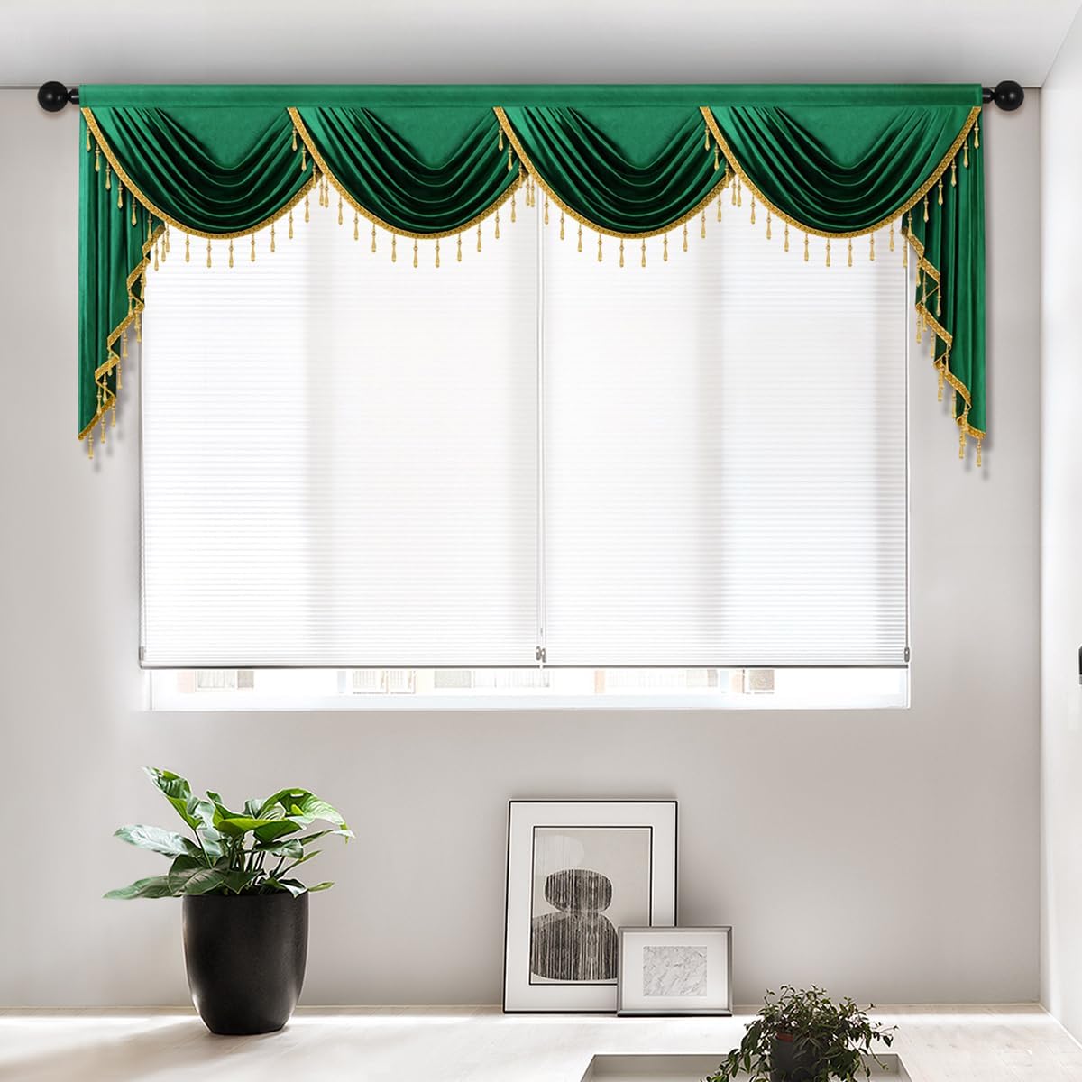 ELKCALuxury Dark Green Velvet Curtain Valances for Living Room with Beads(110inch,1 Panel)