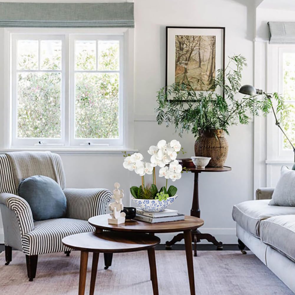 Oairse Kunstpflanze Orchideen Künstliche Deko Blumen Kunstblumen Wie Echt Mit Real-Touch Blüten im Weißer und Blauer Keramikvase Tischdeko Fensterbank Deko, Höhe 44cm