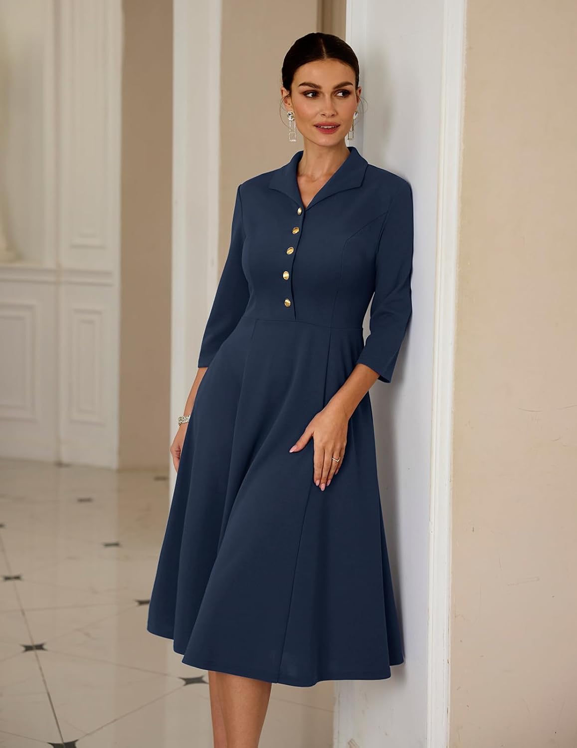 DRESSTELLS Women's Cocktail Dresses, Wedding Guest Vintage Tea Party 3/4 Sleeves Work Church Casual Dress with Pocket - Image 3