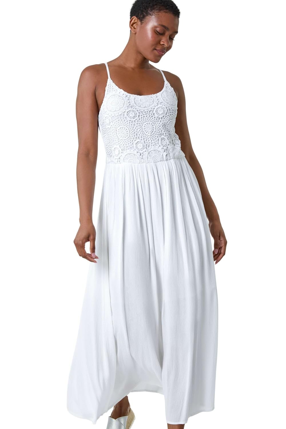 Roman Women's White Lace Bodice Strappy Midi Dress In | Size: 20