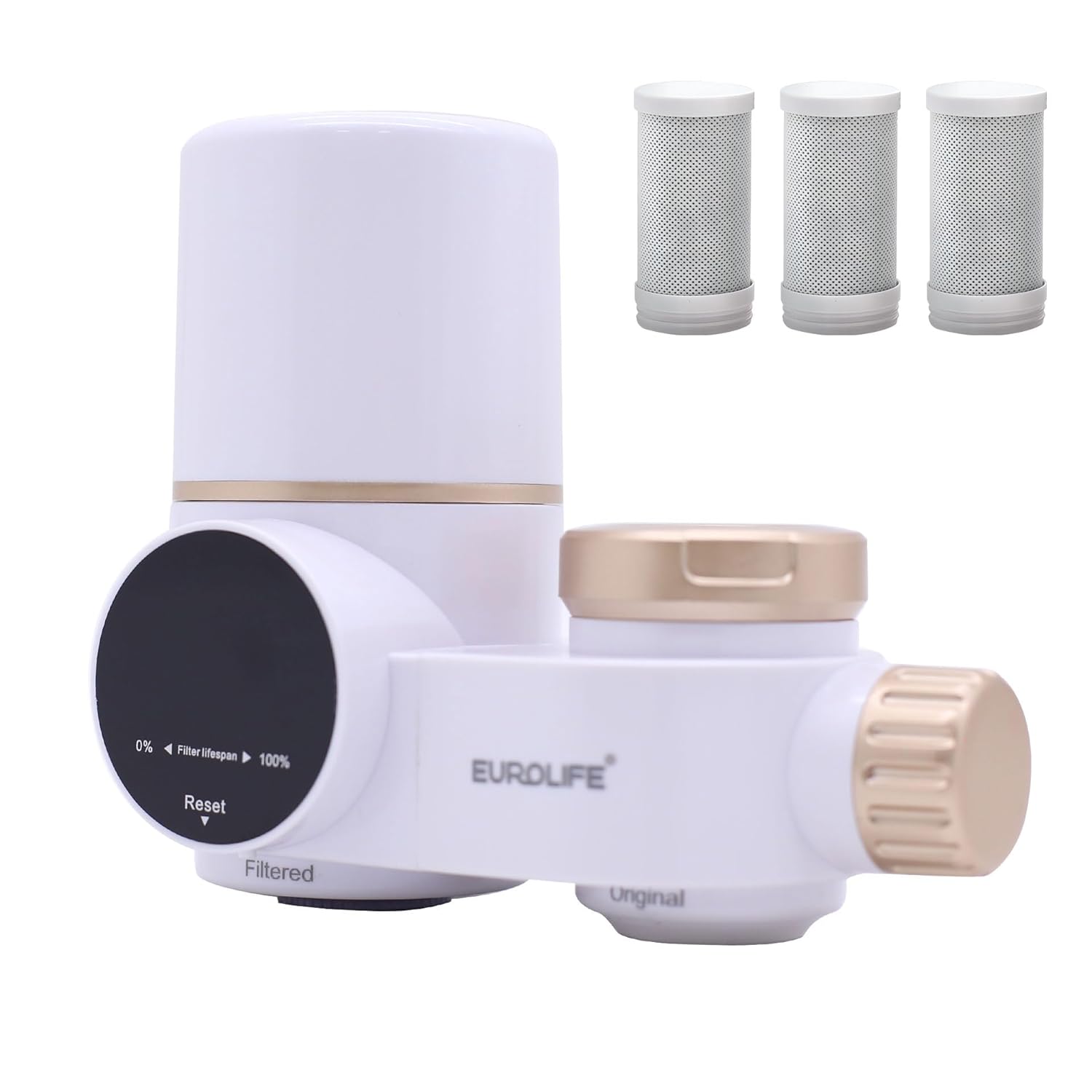 Combo Eurolife Faucet Mount Water Filter EL-LS-A13, LED Sink Water Filter with UV Light and Real Time Filter Life Indicator, Carbon Filter 8 Level fine Filtration, Extra More 2 Carbon Filter Included