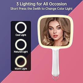 Lighted Handheld Mirror with 3 Light Color and Dimmable, 6.2\'\' X 5.9\'\' Makeup Mirror, Wide Viewing Angle, Lightweight & Durable, 4 AAA Battery, Versatile & Hangable for Makeup Application (White)
