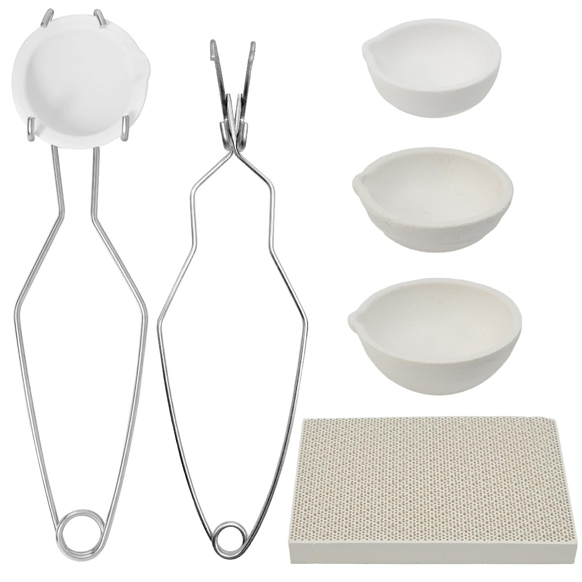 Vurixfo 5 Pcs Ceramic Crucible Kit, 3 Sizes Quartz Crucible Bowl Dish Cup with Crucible Tongs Honeycomb Soldering Board for Melting Metal Casting Jewelry Refining Lab DIY Projects, 100g/ 250g/ 500g