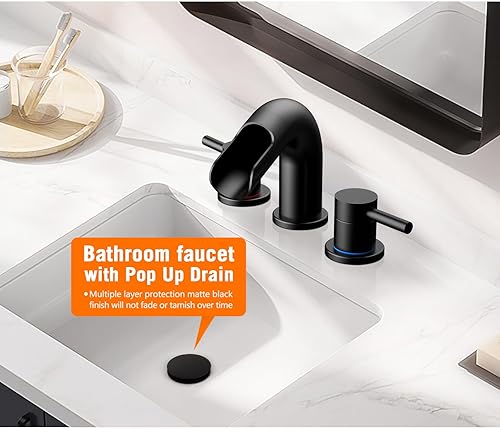 Miniatura 3 de Grifo de baño de cascada negra de 3 agujeros, grifo de baño de 8 pulgadas con drenaje desplegable, grifo de lavabo de baño con boquilla giratoria de