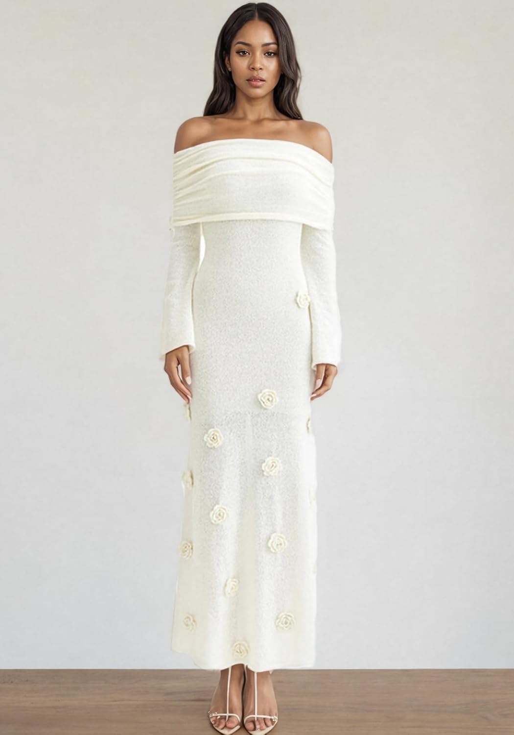 LETSVDO Women's Off The Shoulder Crochet Maxi Dress Long Sleeve Bodycon 3D Floral Knit Mesh Sweater Sexy Party Dresses - Image 2