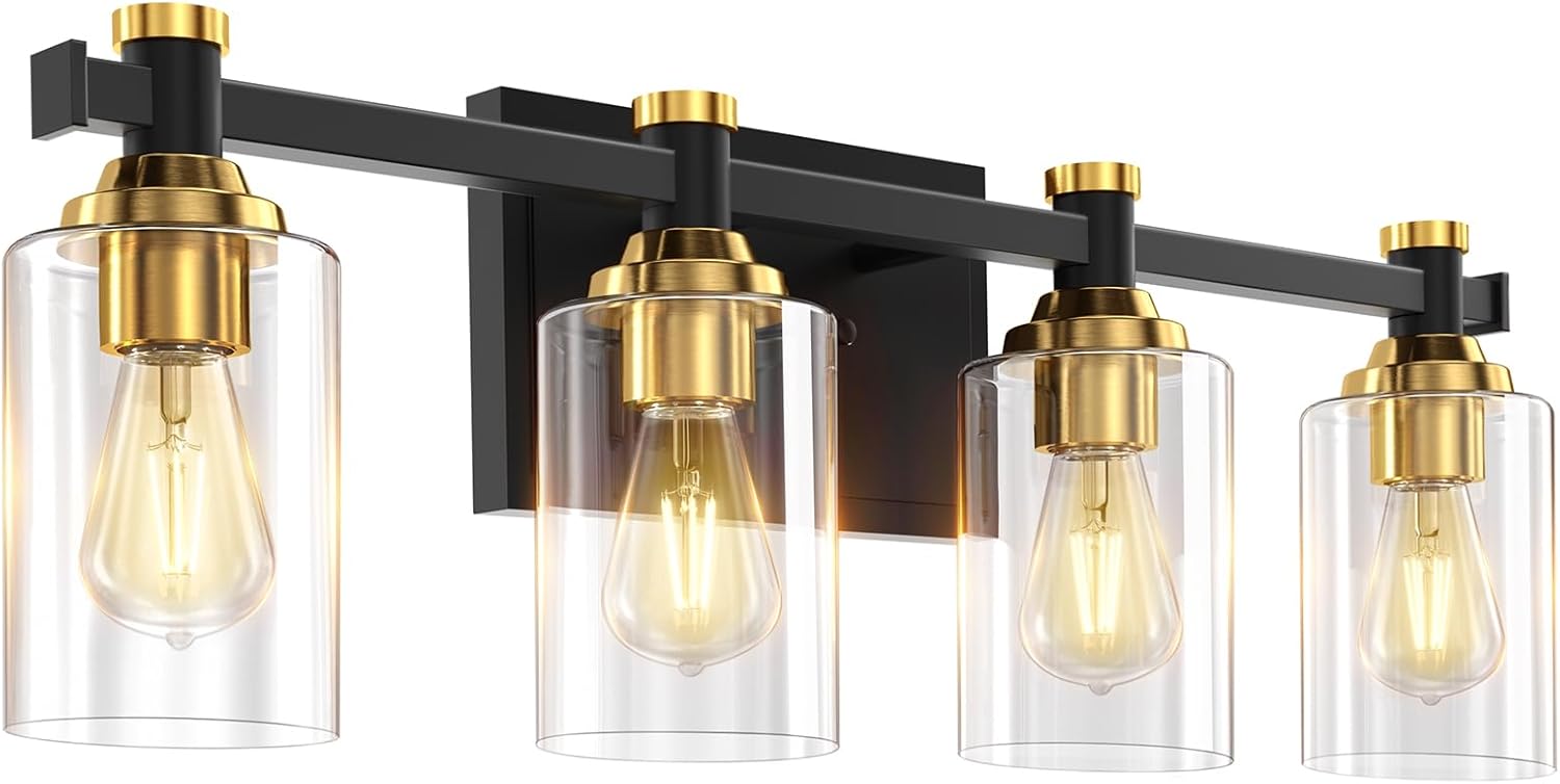 Amico Vanity Lights for Bathroom, 4-Lights Painted Bathroom Light Fixtures Over Mirror with Clear Glass Shade 27.5inch Wall Sconce Lighting Bath - Black & Gold 4 Lights