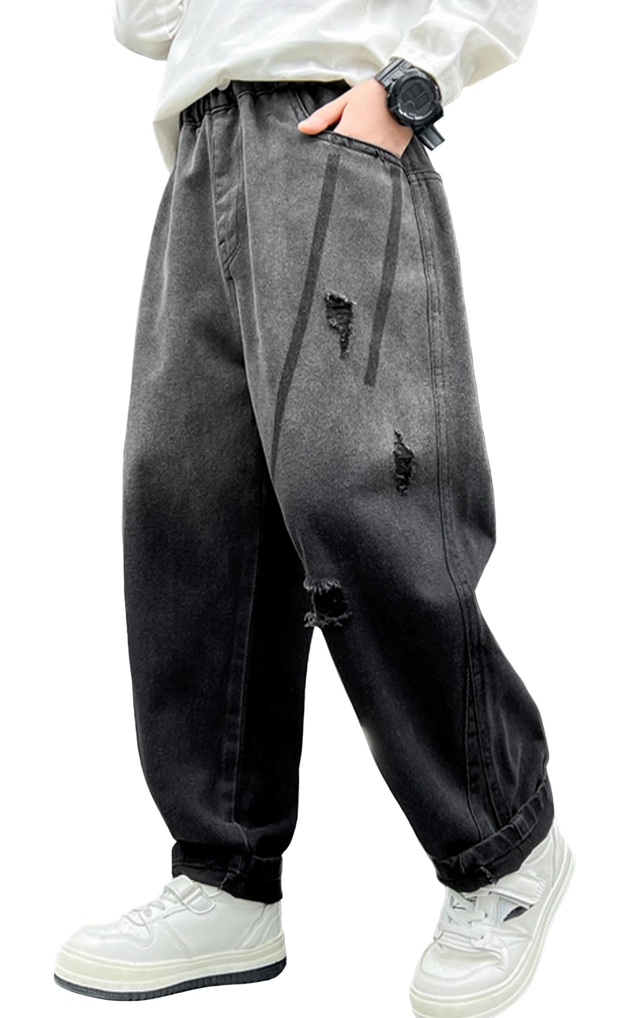 Happy Cherry Boys Y2k Jeans Wide Leg Denim Pants Pull On Elastic