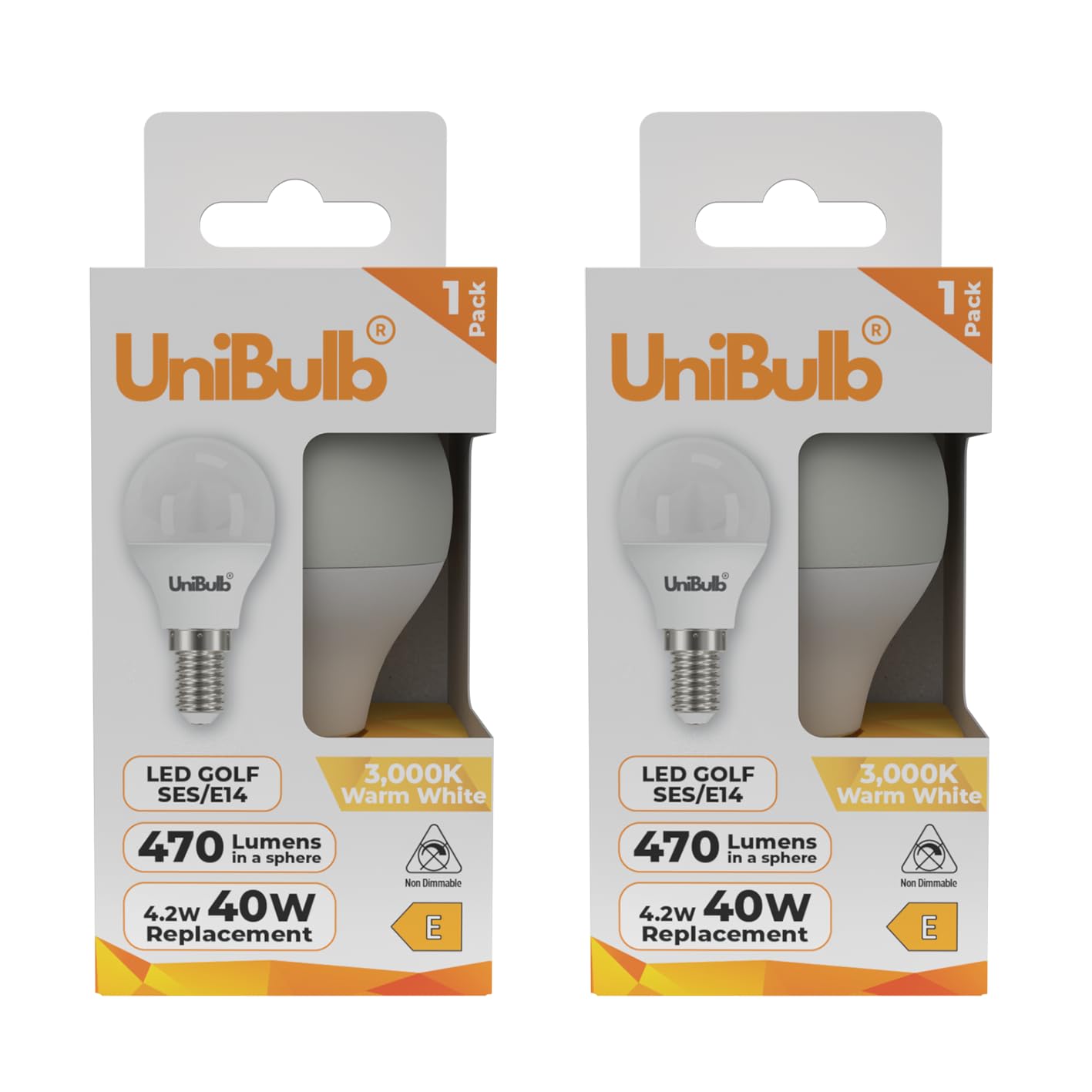 Unibulb E14 LED Light Bulb, Small Edison Screw (SES) 4.2W 470lm, Replaces 40W, Warm White 3000K, Golf Ball Bulb (P45), Energy Saving LED, 220-240V, Non-Dimmable, 25yr lifespan (2)