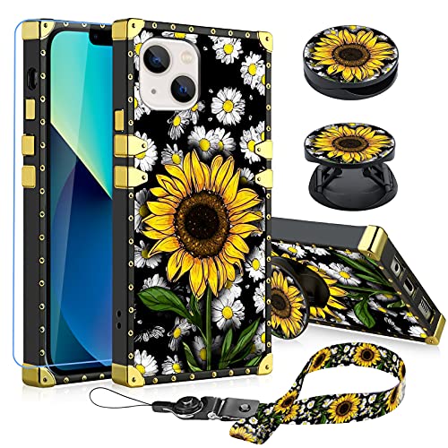 Kanghar Designed For Iphone 13 Case Sunflower With Screen Protector Lanyard Strap Ring Holder Kickstand For Women Girls Flower Daisy Square With Finger Grip Stand Phone Bumpers For Iphone 13 #TOP11
