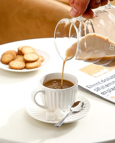 Miniatura 6 de Hasense Juego de 6 tazas de café expreso de 4 onzas con platillos, tazas de capuchino acanaladas de cerámica para café, expreso, doble shot, latte y