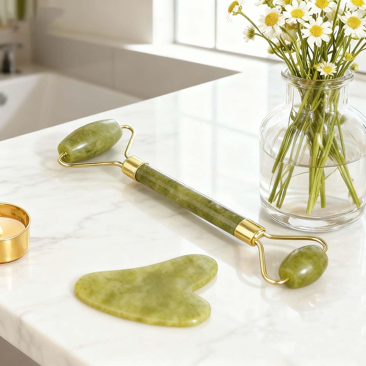 Facial Gua Sha Tools & Jade Roller Set, Natural Stone Face Roller for Skincare, 2-Piece Facial Massage Kit with Gift Box