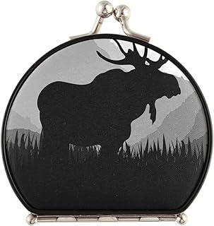 Retro Black Silhouette Moose in Mount Sun Wild Landscape Compact Makeup Mirror, Twin-Sided Cosmetic Mirror with 2 x 1x Magnification, Buckle Folding Mini Pocket Portable Hand Mirror