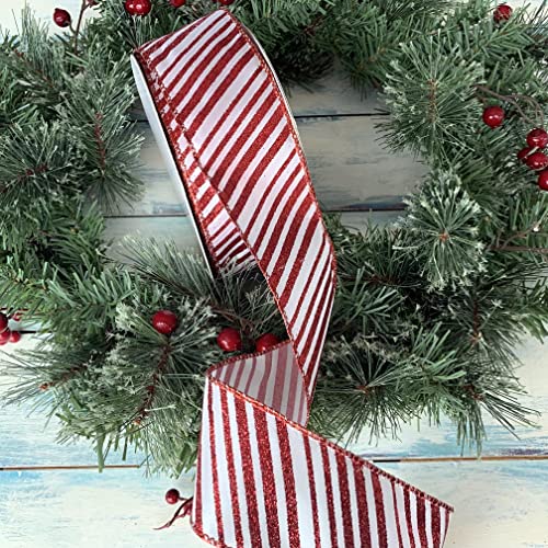 Image of Candy Cane Christmas Tree Ribbon - 2 1 /2 inch x 50 Yards, Wired Edge, Sparkly Red Stripes, Wreath, Gift Wrap, Garland, Decoration, Bows, Presents