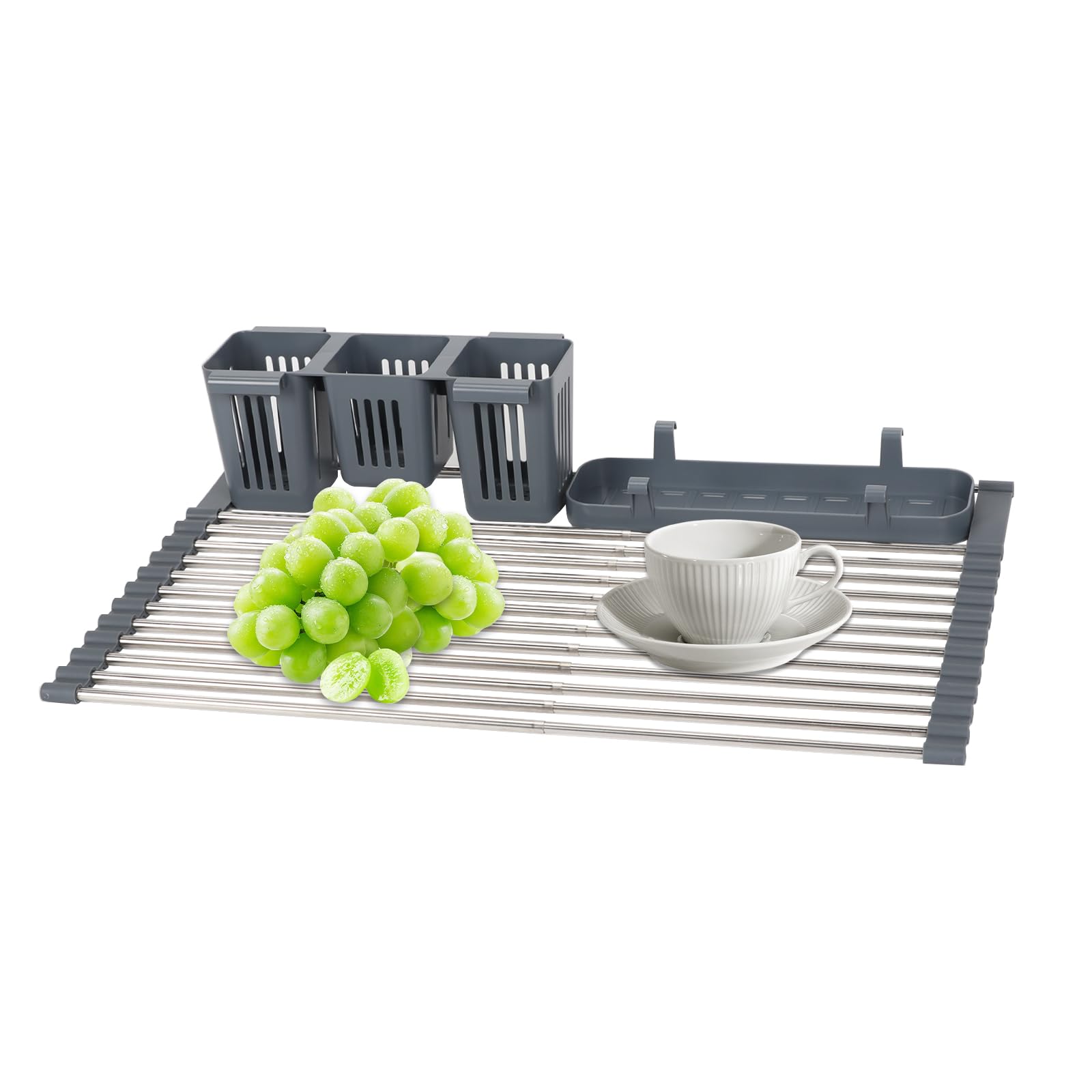 Expandable Roll Up Dish Drying Rack, Multifunctional Over The Sink Dish Drying Rack with Storage Basket Foldable Sink Rack Mat Stainless Steel Kitchen