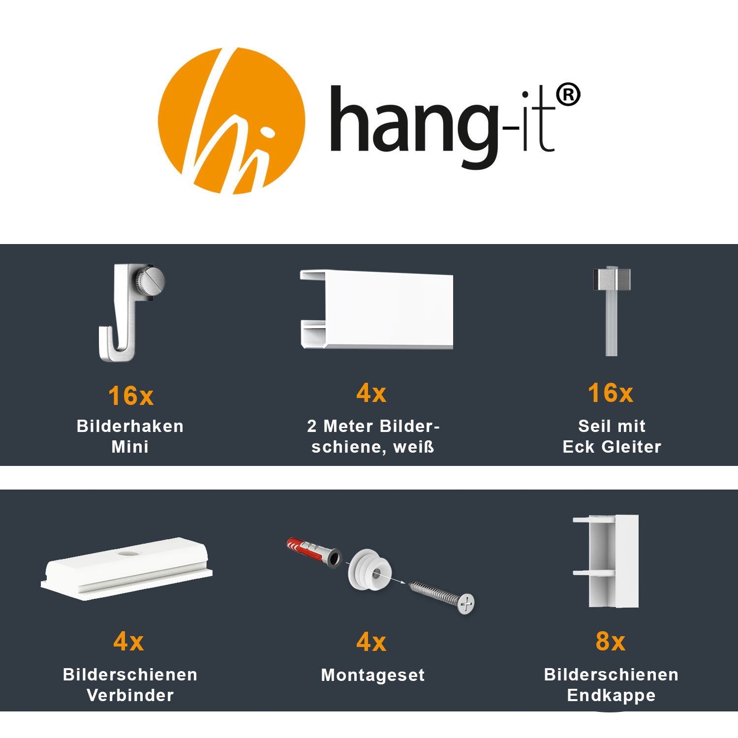 hang-it Komplettset - Galerieleisten Bilderleisten - 8 Meter inkl. Bilderhaken, Seile und Montagematerial