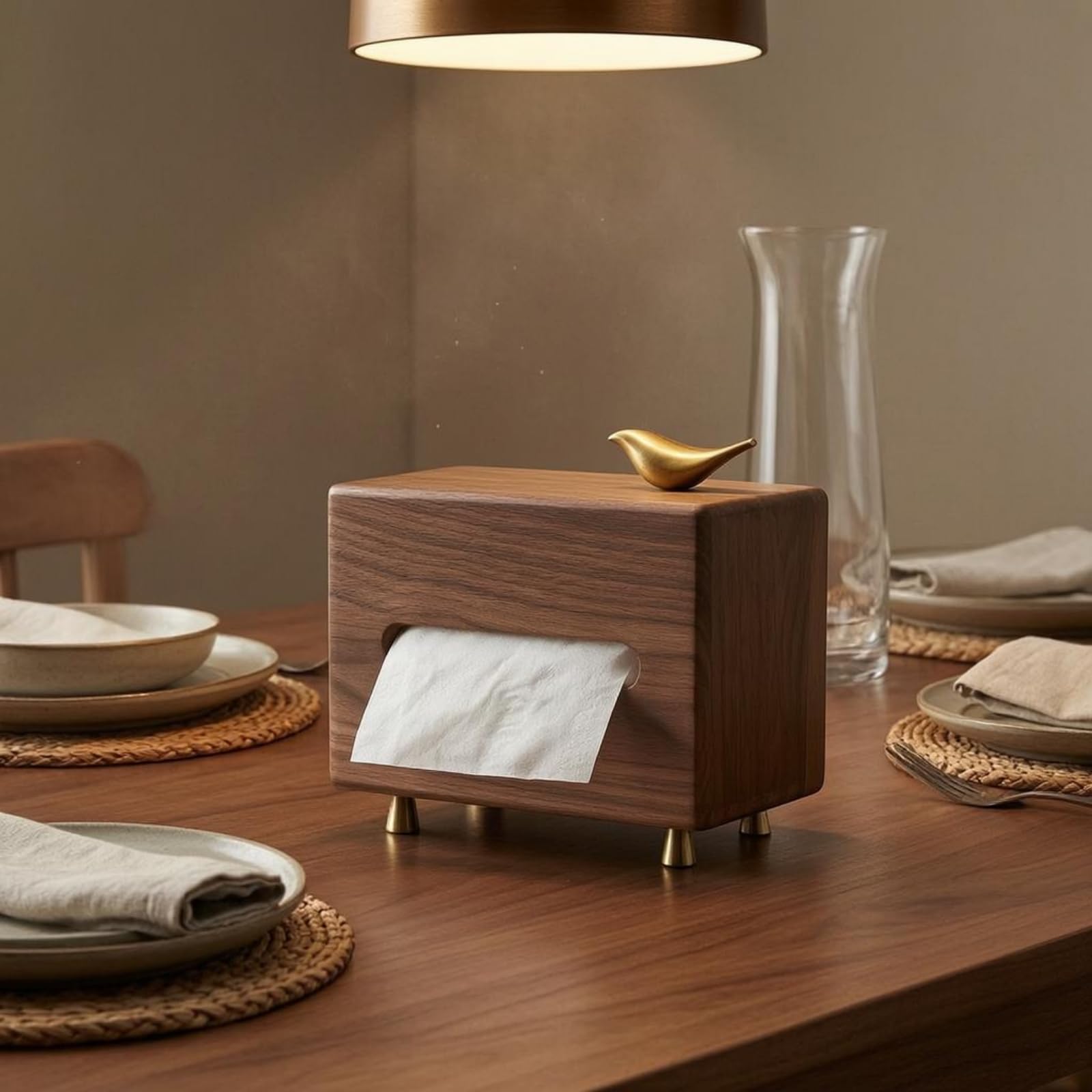 Boîte à Mouchoirs en Noyer Grain Naturel Boîte à Mouchoirs en Bois à Finition Dorée