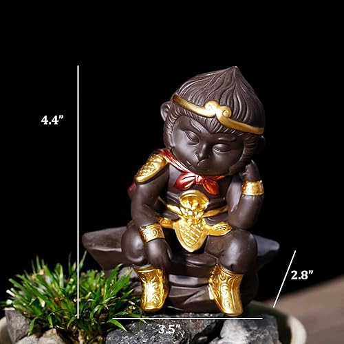 Miniatura 7 de Estatua del rey mono, linda figura de monje zen de Sun Wukong Buda, escultura china de viaje al monje del oeste con abrazo dorado, mascota de té