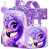 HPJGD 3 peças de mochila flamingo para meninas, resistente à água, conjunto com lancheira, linda bolsa escolar primária para crianças em idade pré-escolar - diamante flamingo roxo