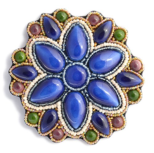 Broche grande fleur ronde bleu royal porcelaine perles verre bijou fantaisie