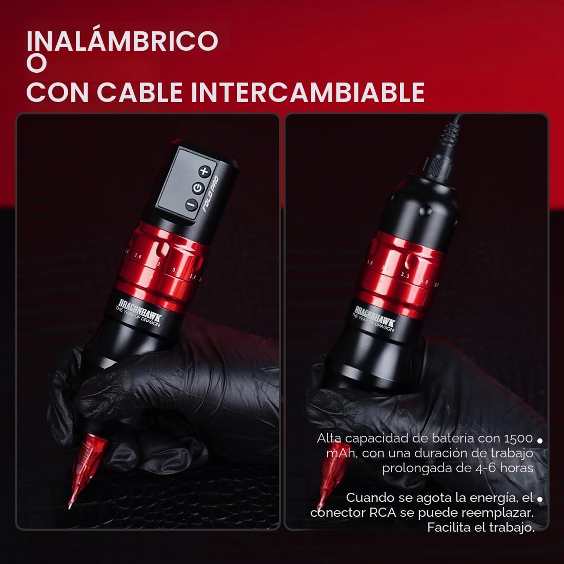 Dragonhawk Fold Pro Wireless Tattoo Machine Pen Máquina de tatuar Adjust Stroke Length 2.4 to 4.2mm Máquina de tatuaje con batería para Agujas de Cartucho de Tatuaje (RED)