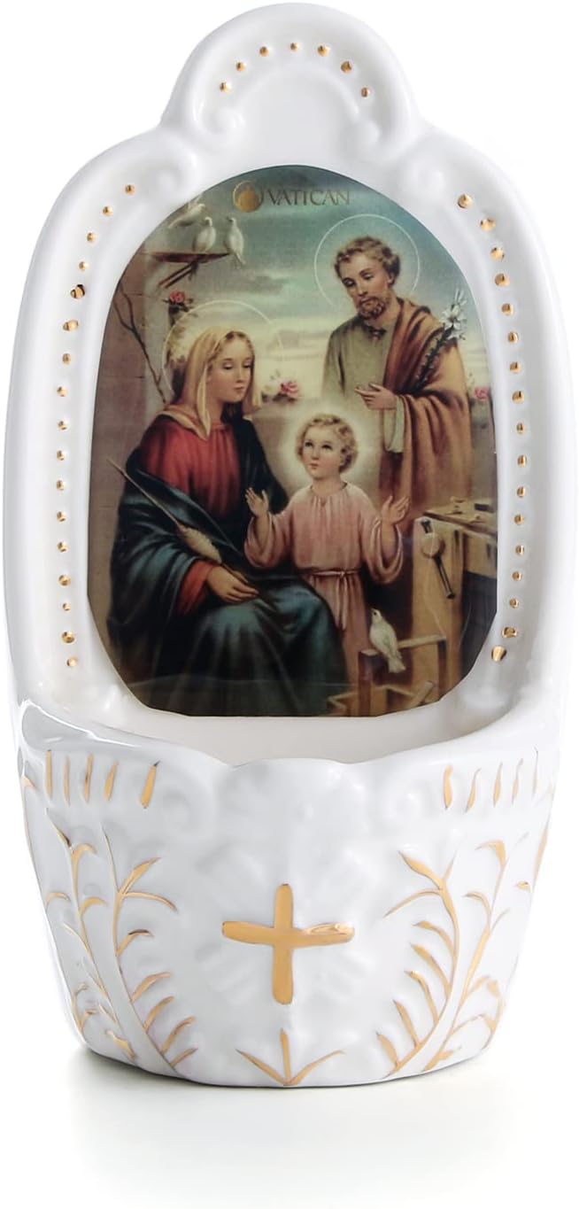 KOMI Porcelain Holy Family Catholic Holy Water Font for Entrance of Home Church Wall Hanging Decor Great Gift for First Communion Confirmation Housewarming Catholic