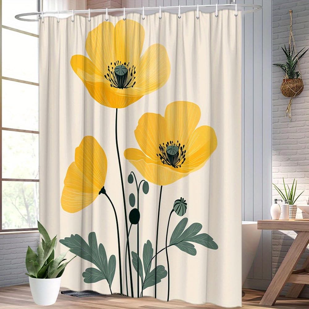 GLWDMB 1 Piece 150x180CM Yellow Floral Printed Shower Curtain With Hook, Polyester, for Windows And Walls, Bathtub, Bathroom, Machine Washable, All Season Universal