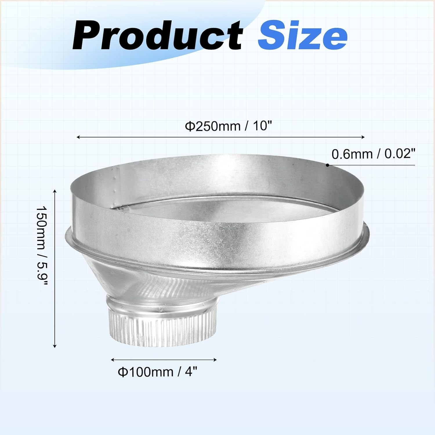 Eccentric Duct Reducer (10" to 4") - Galvanized Steel Crimped End Ducting Connector Increaser Round Air Duct Adapter Pipe Vent Inline Fitting for HVAC Ventilation System, Silver