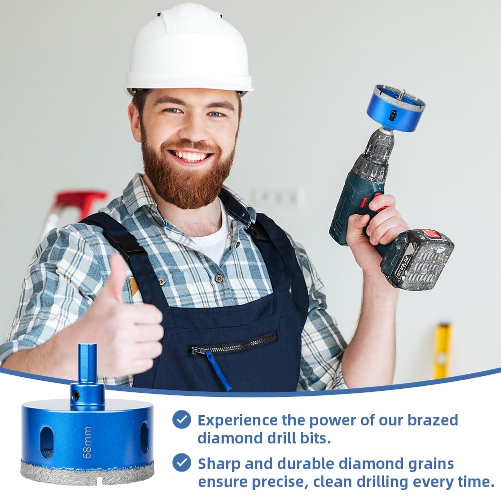 Flintronic Broca Diamante, 68mm Broca Diamante Porcelanico, Sierra de Campana de Diaman-te Soldada Al Vacío con Guía de Centrado, para Azulejos, Porcelana, Vidrio, Mármol y Cerámica