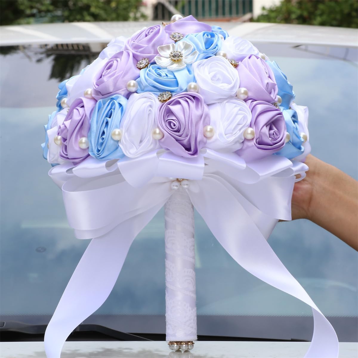 7.5" Ruby Red & Ivory Bridal Wedding Bouquet Round Bling Brooch Bouquet Throw Toss Artificial Rose Flower Bunch for Bride Bridesmaid Wedding Quinceanera