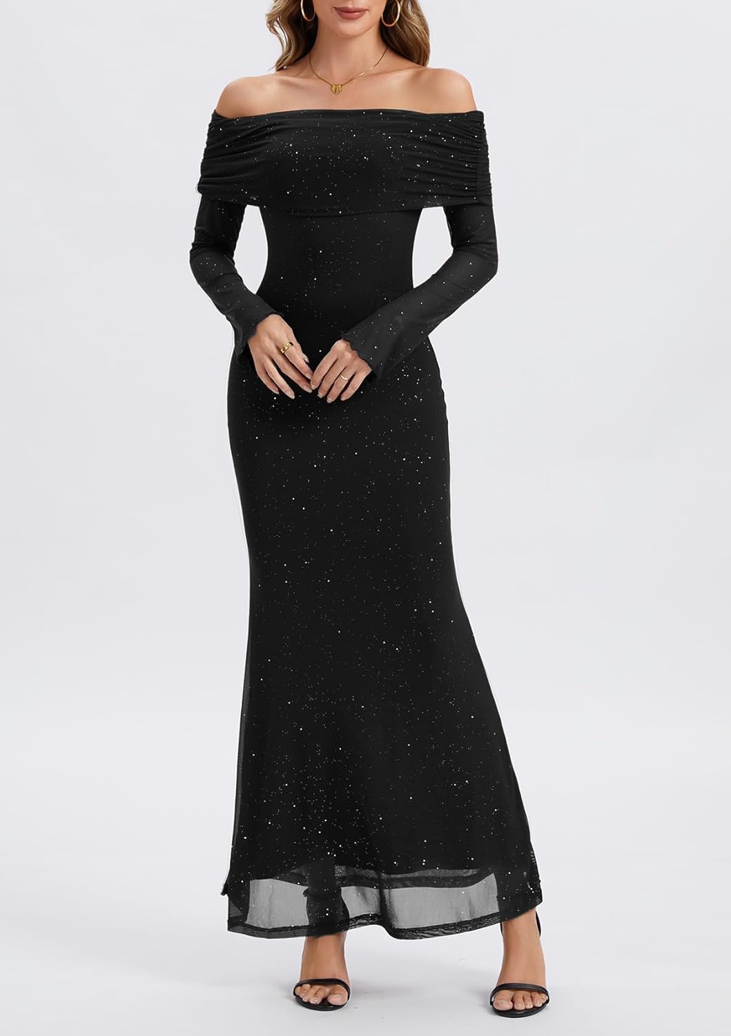 Women Off Shoulder Bodycon Maxi Dress Long Sleeve Mesh Ruched Party Formal Wedding Guest Dresses - Image 4