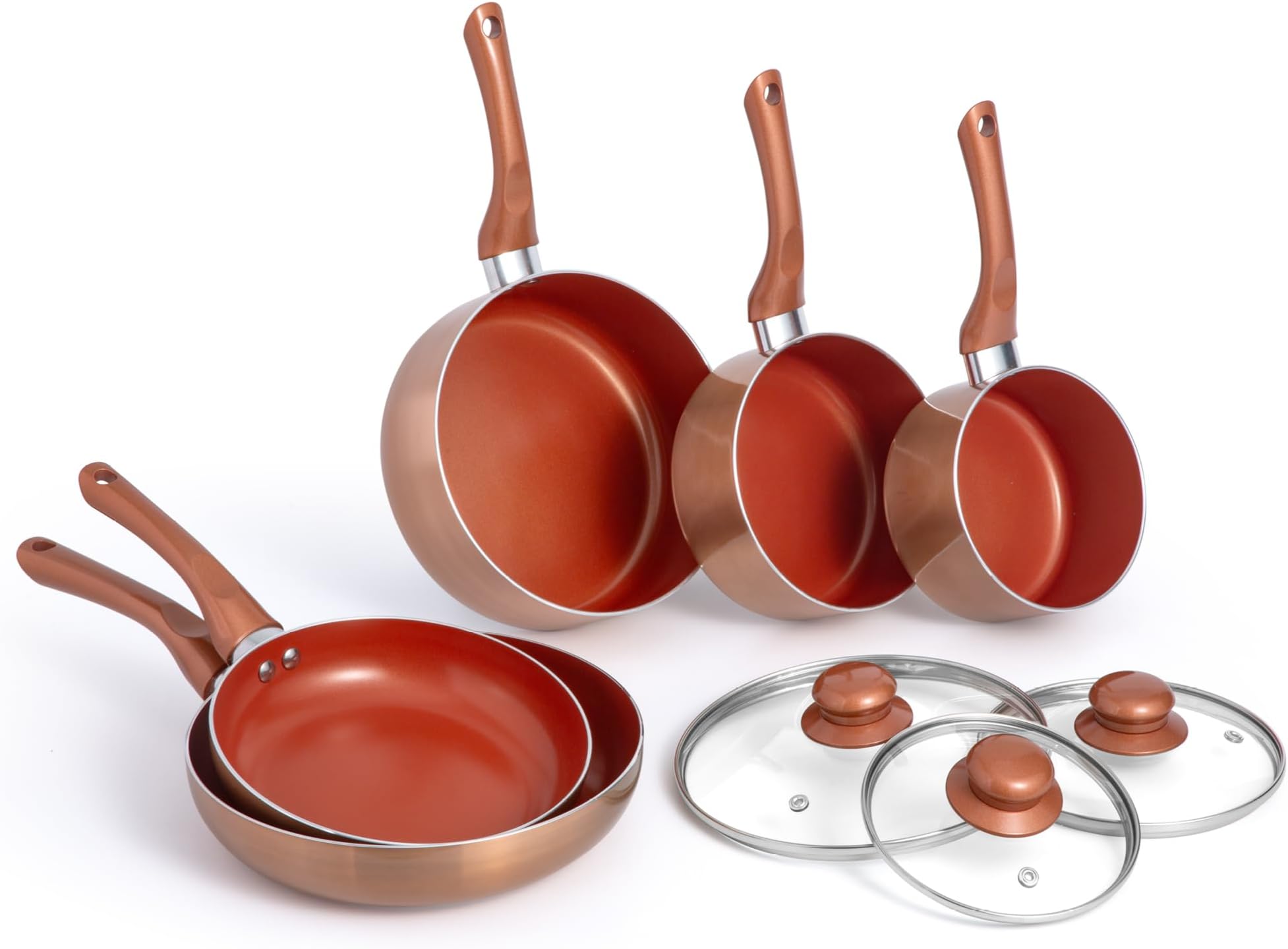 Copper Effect Pan Set 5 Piece - Suitable for All Hob Types, Induction Safe/Friendly Saucepans & Frying Pans Bundle with Glass Ventilated Lids, Easy Clean Non Stick Coating