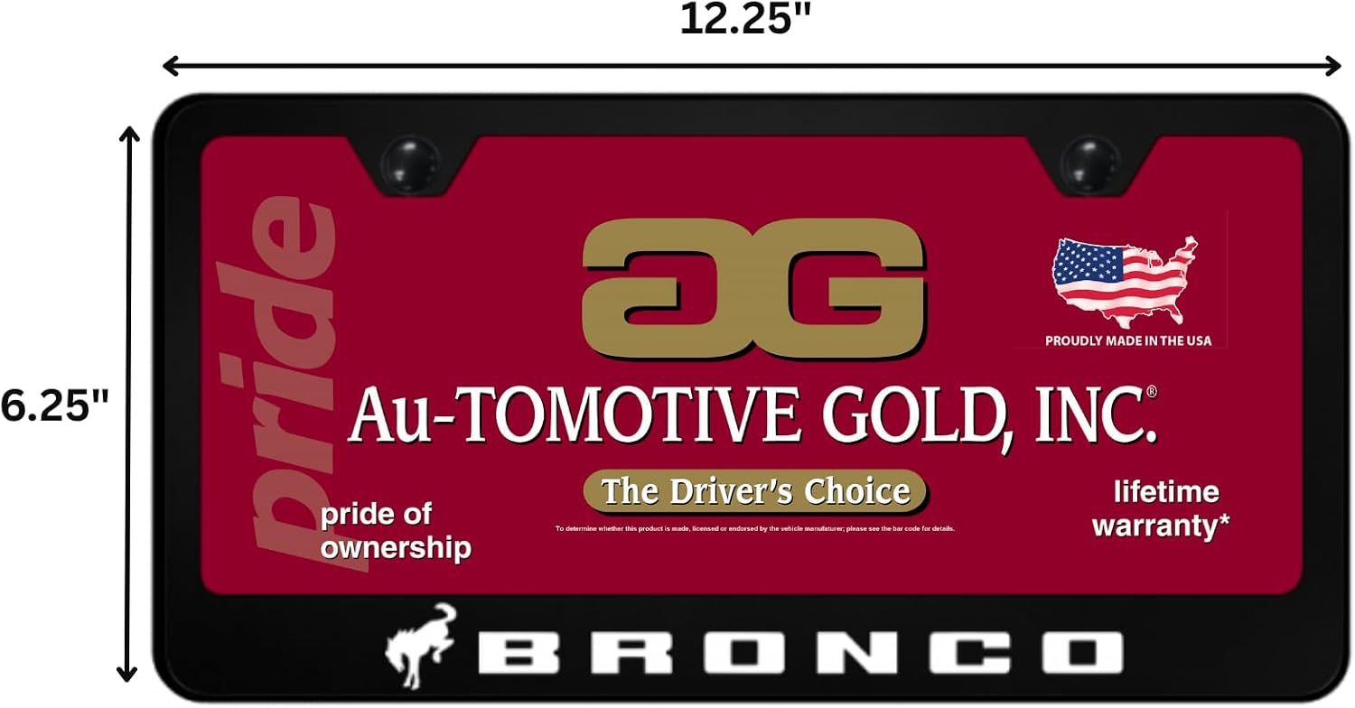 Au-TOMOTIVE GOLD INC. Officially Licensed UV Print Logo on Polycarbonate License Plate Frame for Ford Bronco (Chrome on Black)