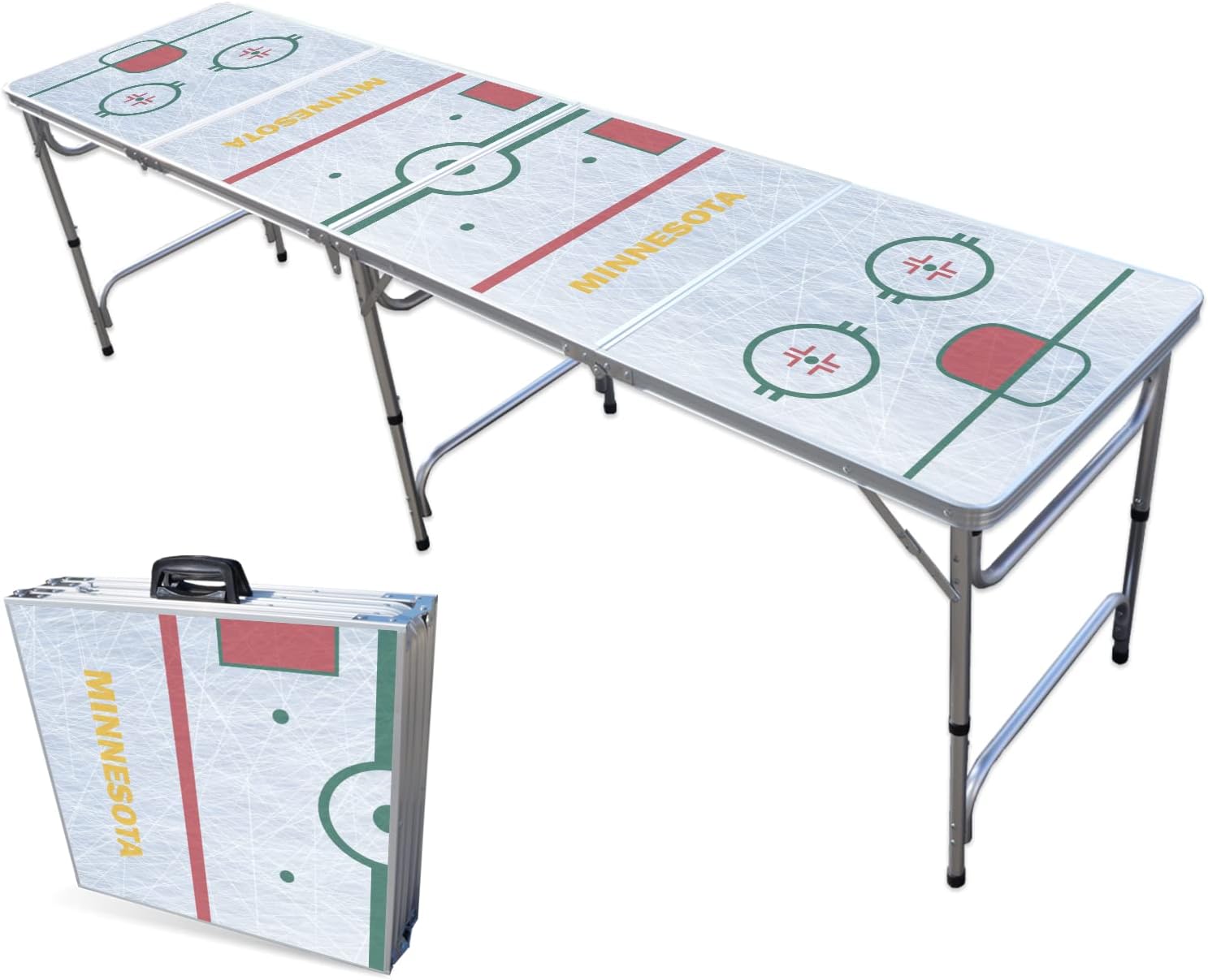 PARTYPONG 8-Foot Folding Portable Pong Table w/Optional Cup Holes & LED Lights - Minnesota Hockey Rink (Choose Your Model)