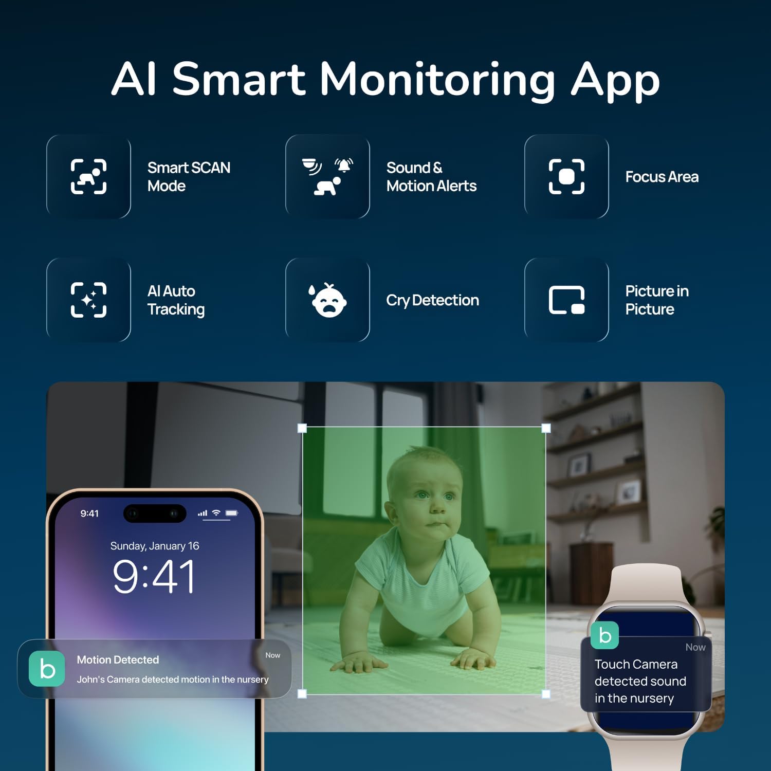 Babysense Touch 7" Touchscreen Smart WiFi Baby Monitor with App, Camera and Audio, Night Light