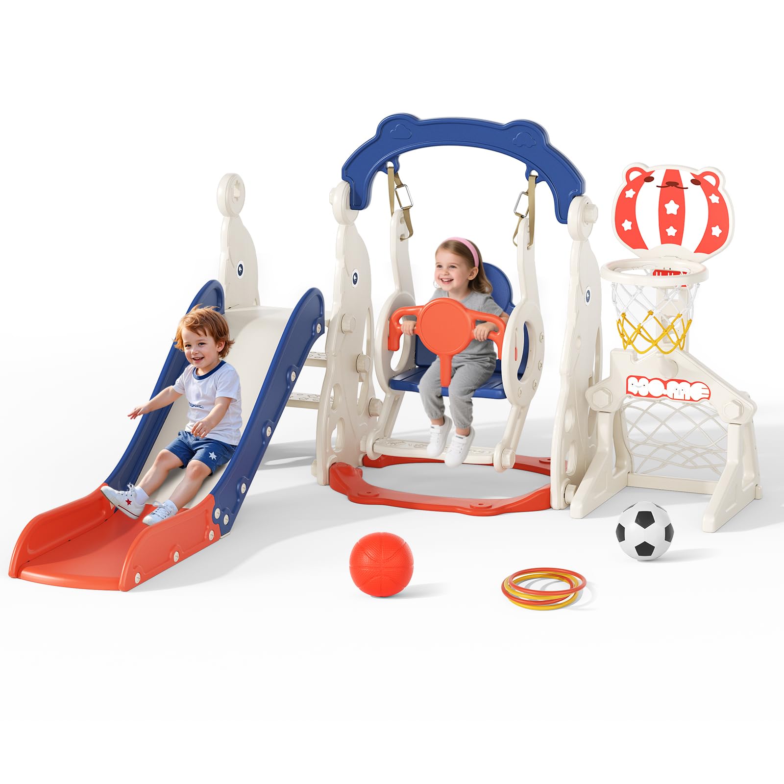 10-in-1 Kleinkindrutsche, Kinderspielhaus mit Basketballkorb, magnetischer Zeichentafel, für drinnen und draußen (Rot)