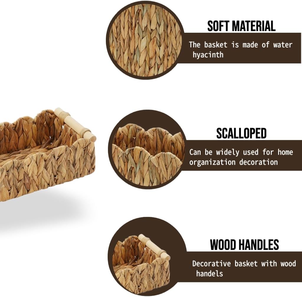 Water Hyacinth Scalloped Edge Baskets with Wood Handle, Set of 2 – Handwoven Natural Decor Storage Bins for Bathroom, Vanity & Farmhouse Home Style image 3