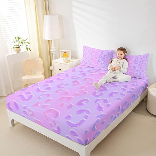 Miniatura 2 de Erosebridal Sábanas de cama de leopardo neón, sábana bajera ajustable con estampado de guepardo, tamaño matrimonial, ropa de cama con estrellas con