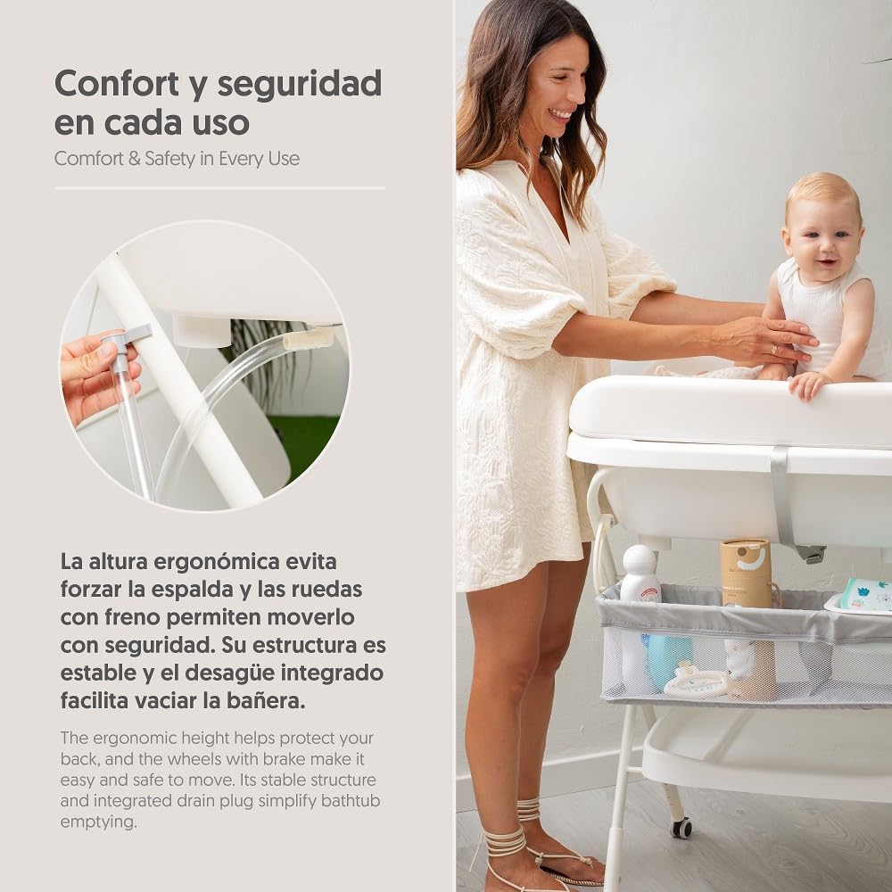 Interbaby Bañera Bebé Cambiador Plegable Patas, Ruedas, Hamaca (Dino) | Bañera con cambiador 2 en 1, hamaca anatómica extraíble, patas antideslizantes, altura ergonómica, portátil