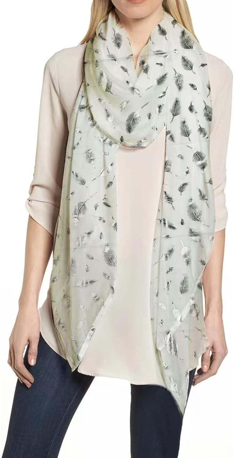 Lina & Lily Metallic Gold Silver Foil Feather Women's Scarf Shawl Wrap Lightweight