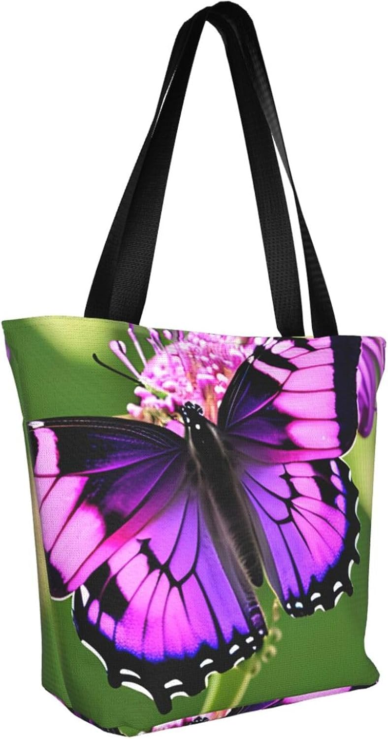 Purple Butterfly Print Comfortable Summer Shoulder Bag Canvas Tote Travel Beach Hiking Shopping Weekend